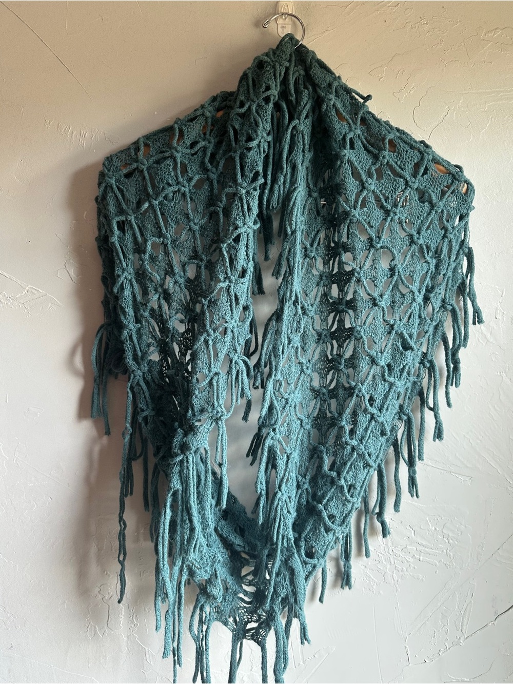 Teal Open Knit Fringe Infinity Scarf Boho Festival Fairycore Y2K 22”-15”
